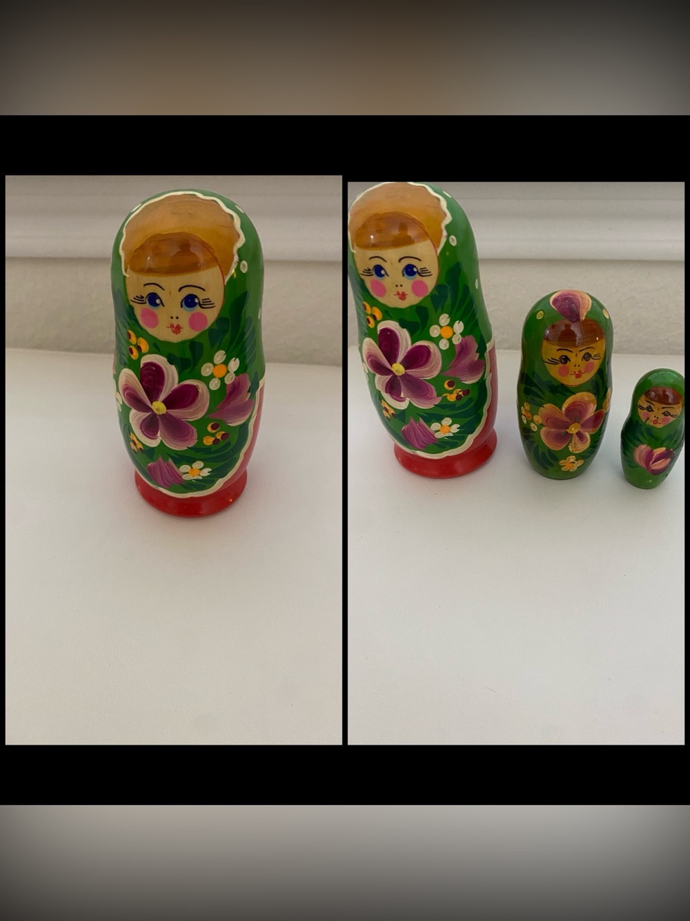 VTG Hand-Painted Wooden Nesting Dolls Green Floral Matryoshka Babushka Set of 3